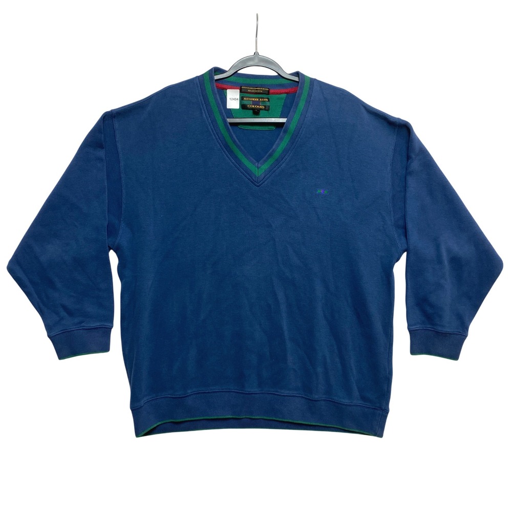 Alexander Julian Sweatshirt Mens L Blue Colours V-Neck Striped Trim Cotton